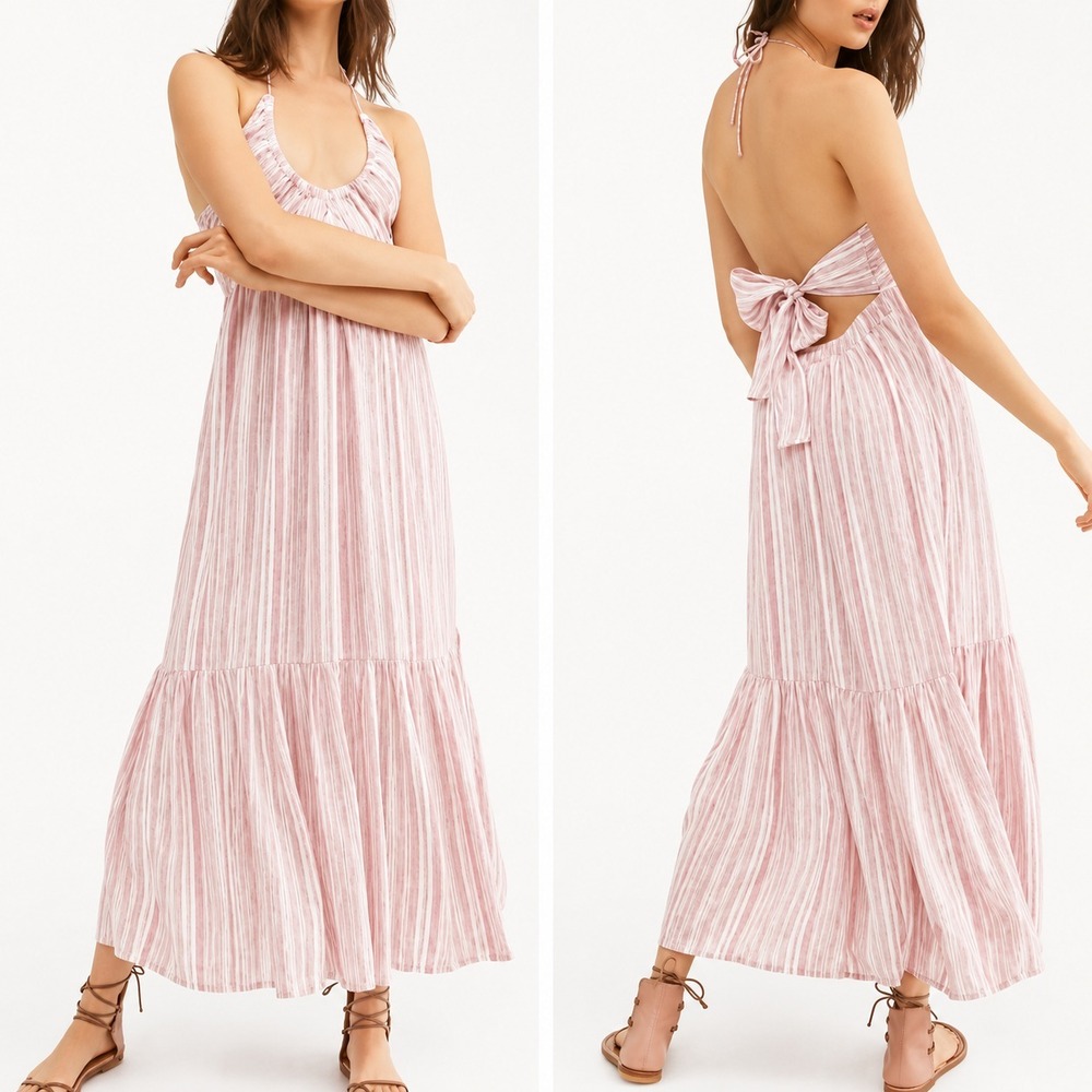 Free People Audrey Stripe Halter Maxi Dress Pink White Open Back Boho Womens XS - Picture 16 of 16